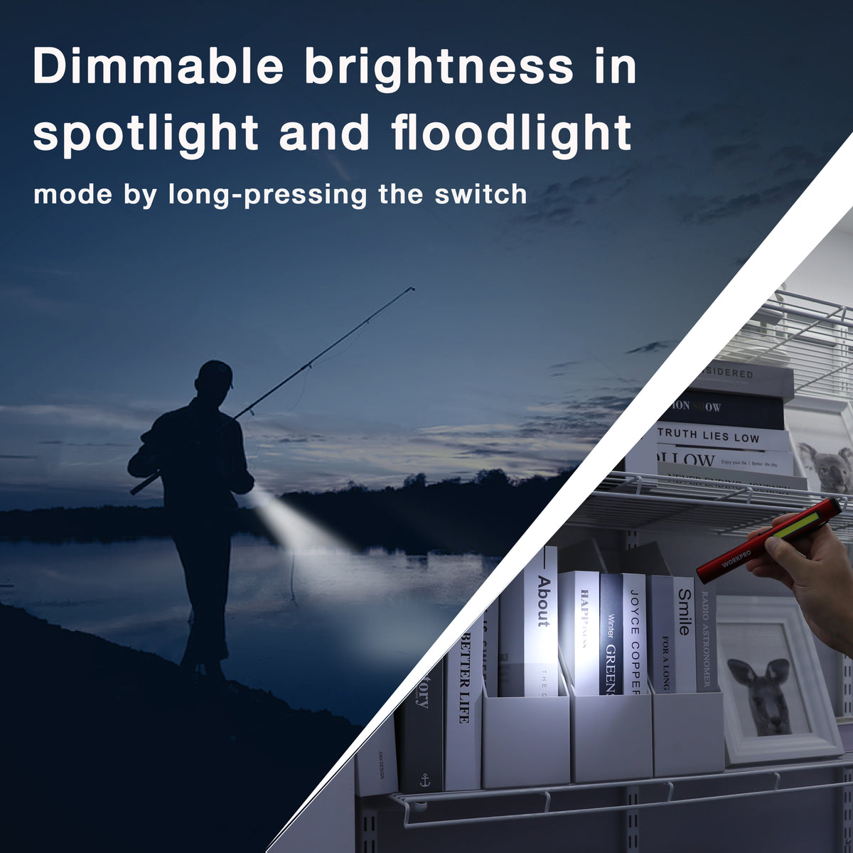 Workpro LED pen light with UV flashlight in red, featuring a 120 lumen LED spotlight for focused task lighting.