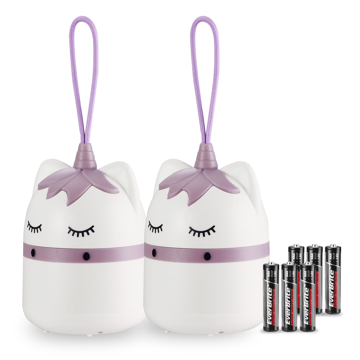 Workpro 2-pack kids camping lanterns with RGB lights, white and lavender unicorns with durable ABS material