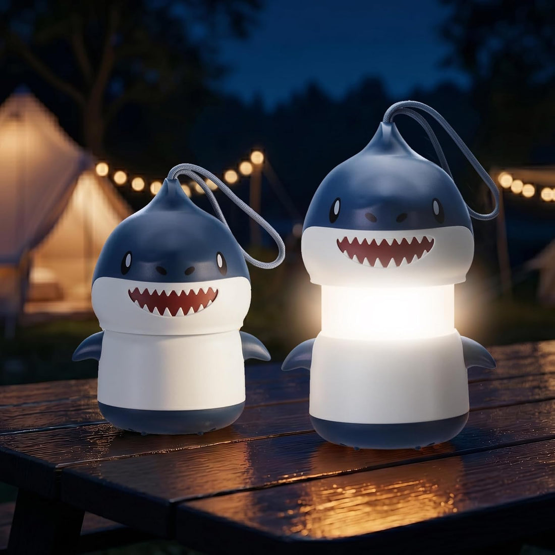 Two shark shaped outdoor lanterns with smiling toothy faces, glowing white lights, and hanging loops on a wooden table