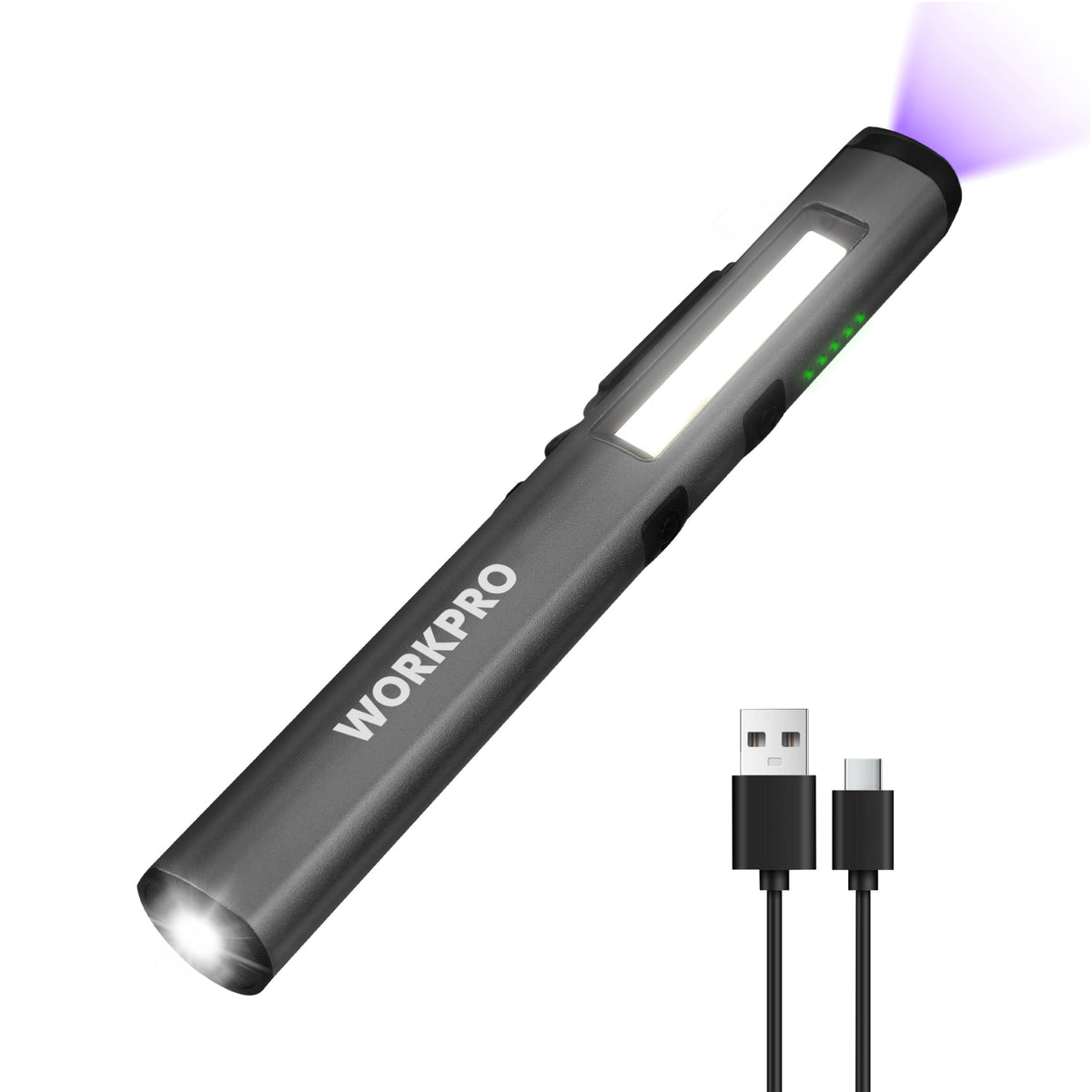 WORKPRO dark gray pen flashlight with illuminated side panel and yellow light window