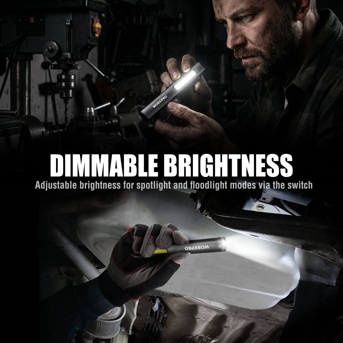 WORKPRO rechargeable pen flashlight with adjustable brightness, yellow LED light bar