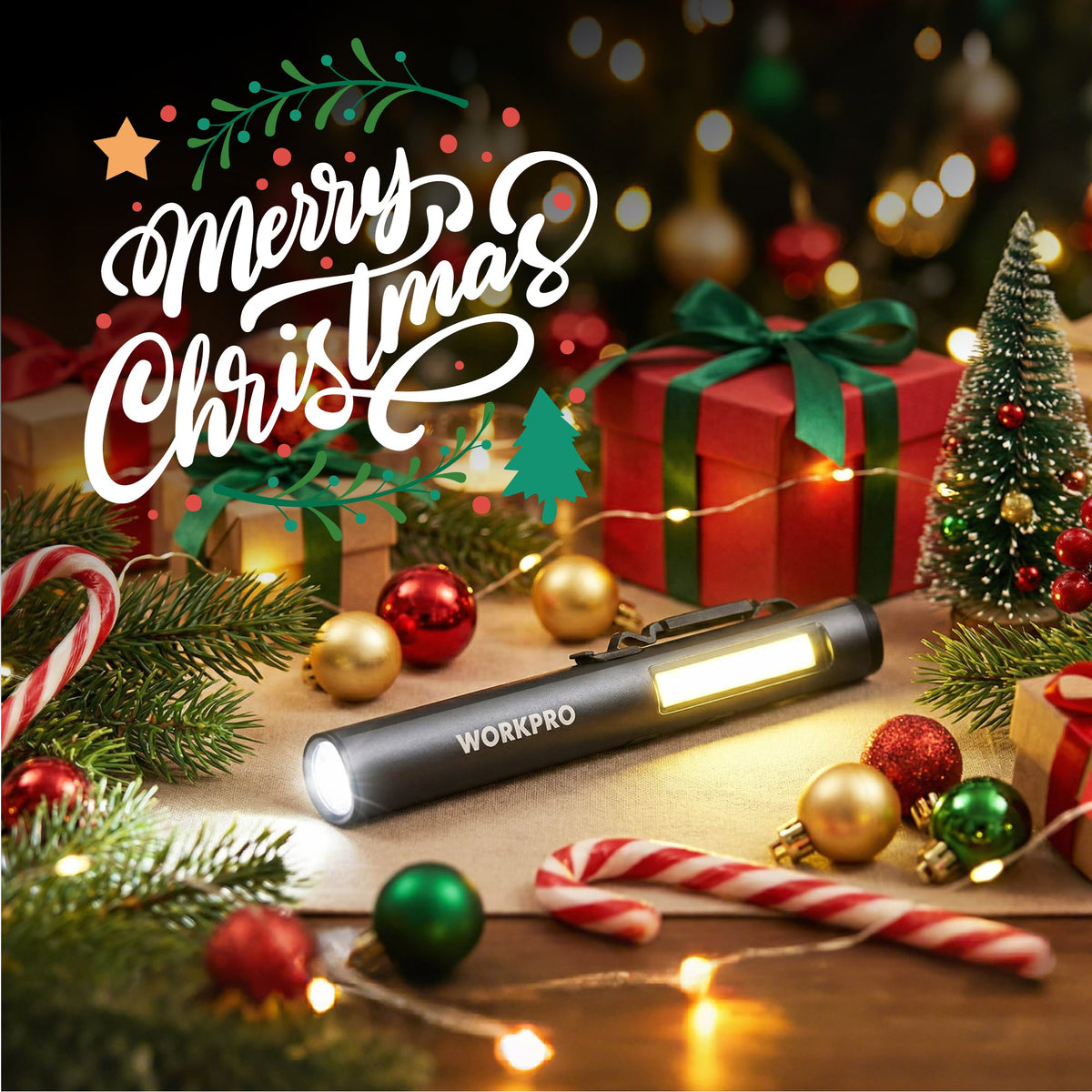WORKPRO dark gray pen flashlight with glowing yellow light window