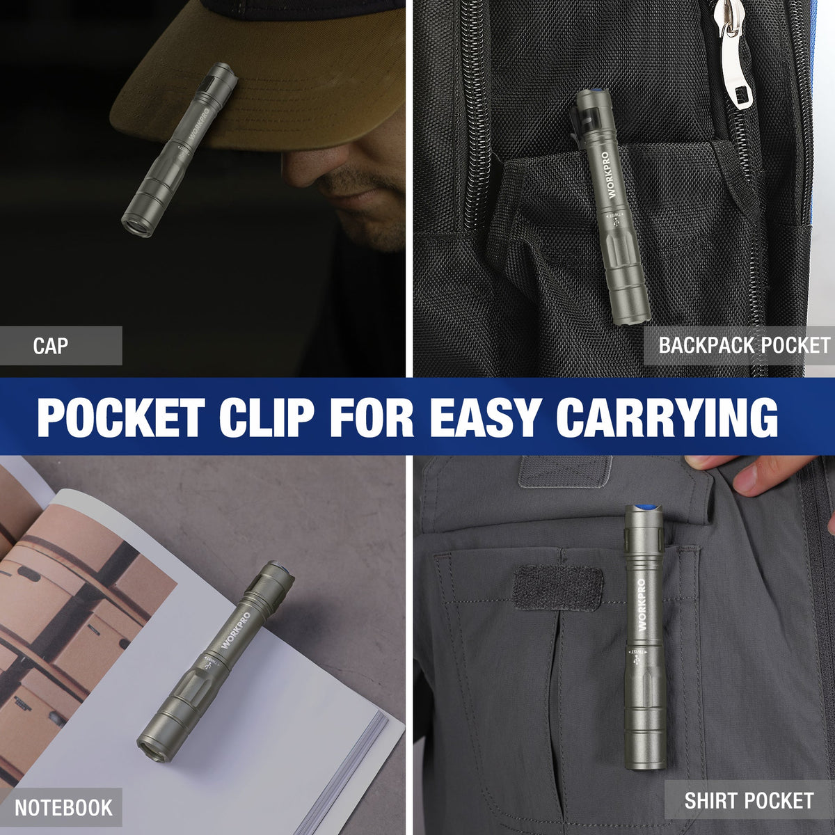Gray pocket penlight clipped for easy carry in backpack pocket and shirt pocket.