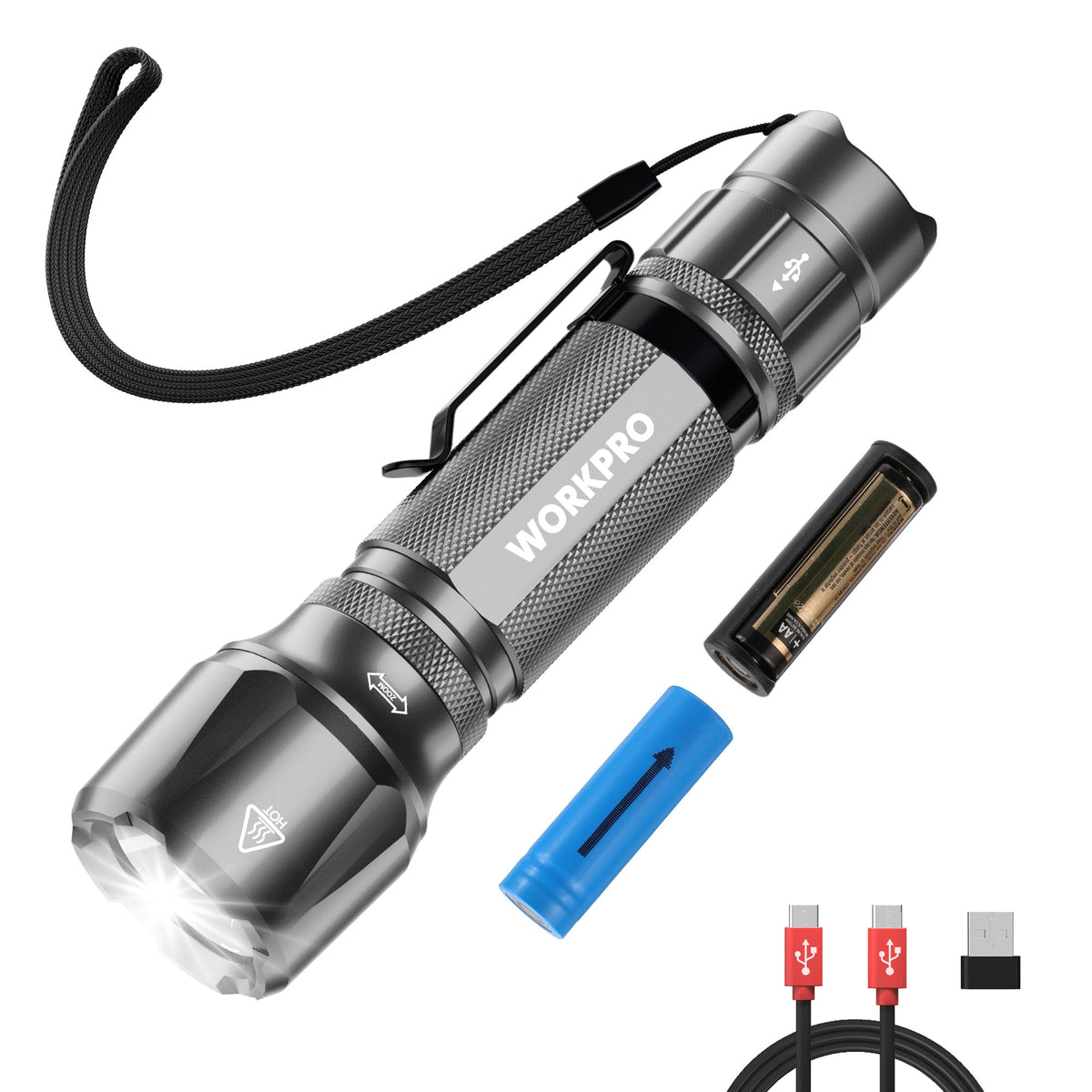 WORKPRO gray tactical flashlight with zoom ring and wrist strap, includes battery