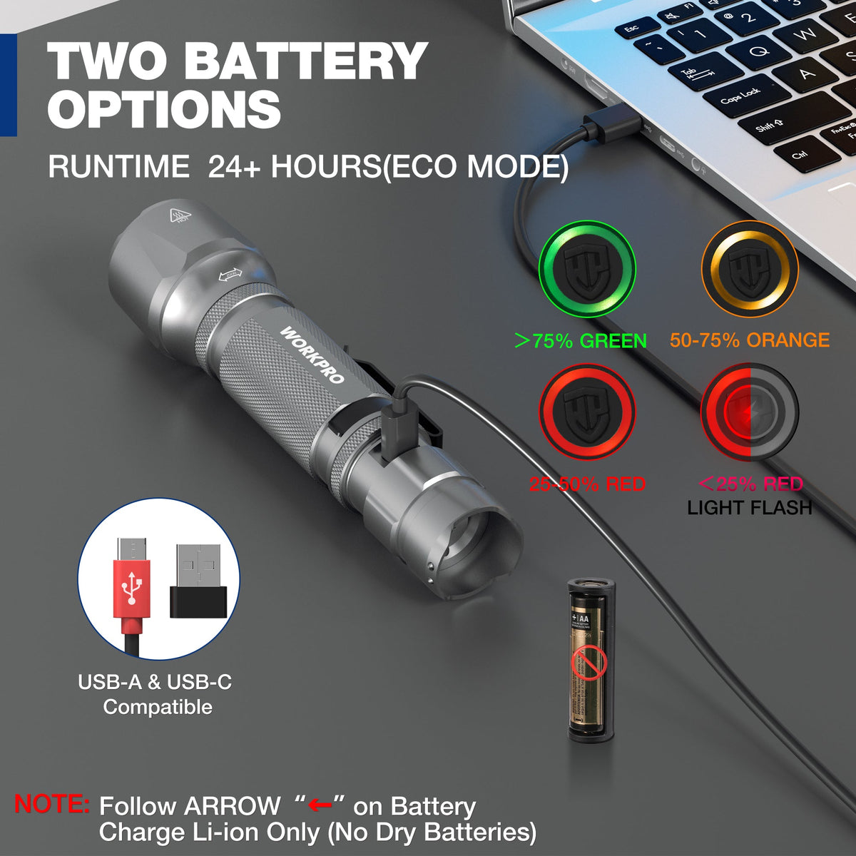 Gray tactical flashlight with USB-A and USB-C charging and included battery