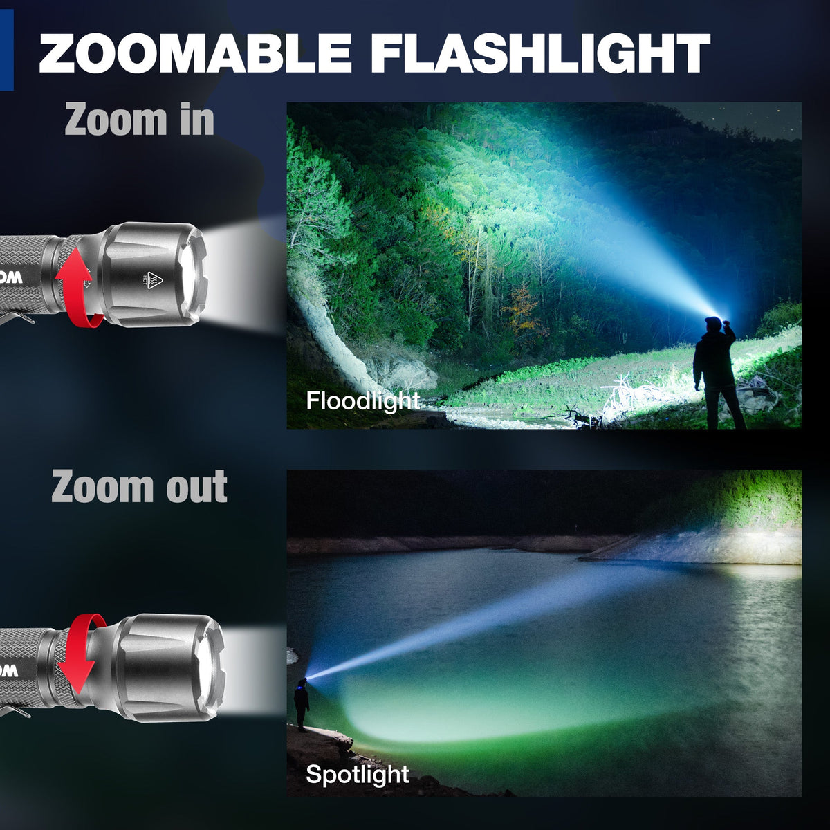 Gray zoomable tactical LED flashlight showing floodlight and spotlight beam