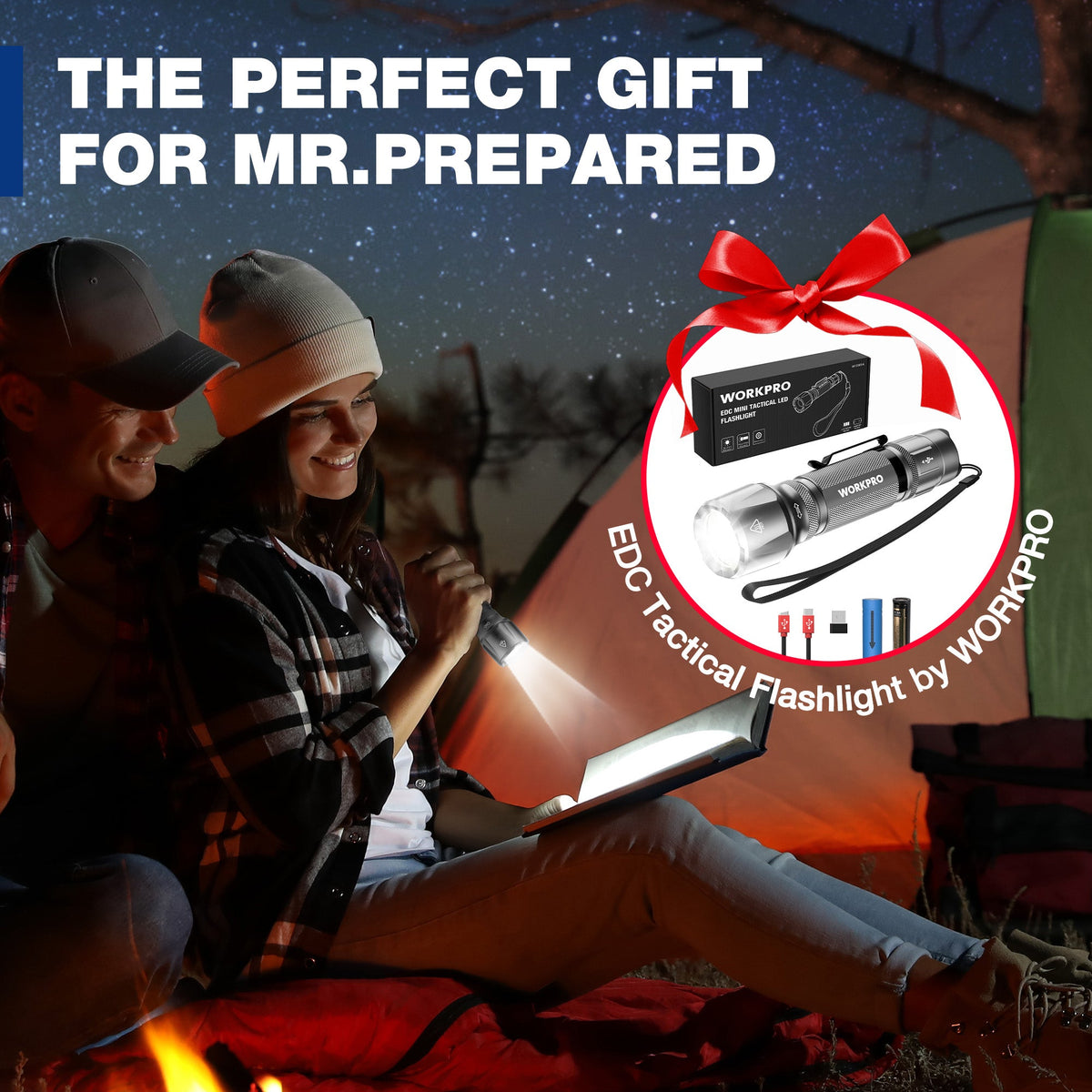 Gray tactical LED flashlight gift set in box with battery and charging cables