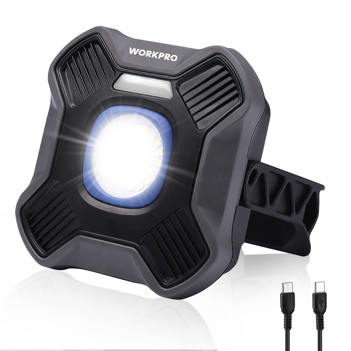 WORKPRO rechargeable LED work light with circular glowing lens, dark gray casing
