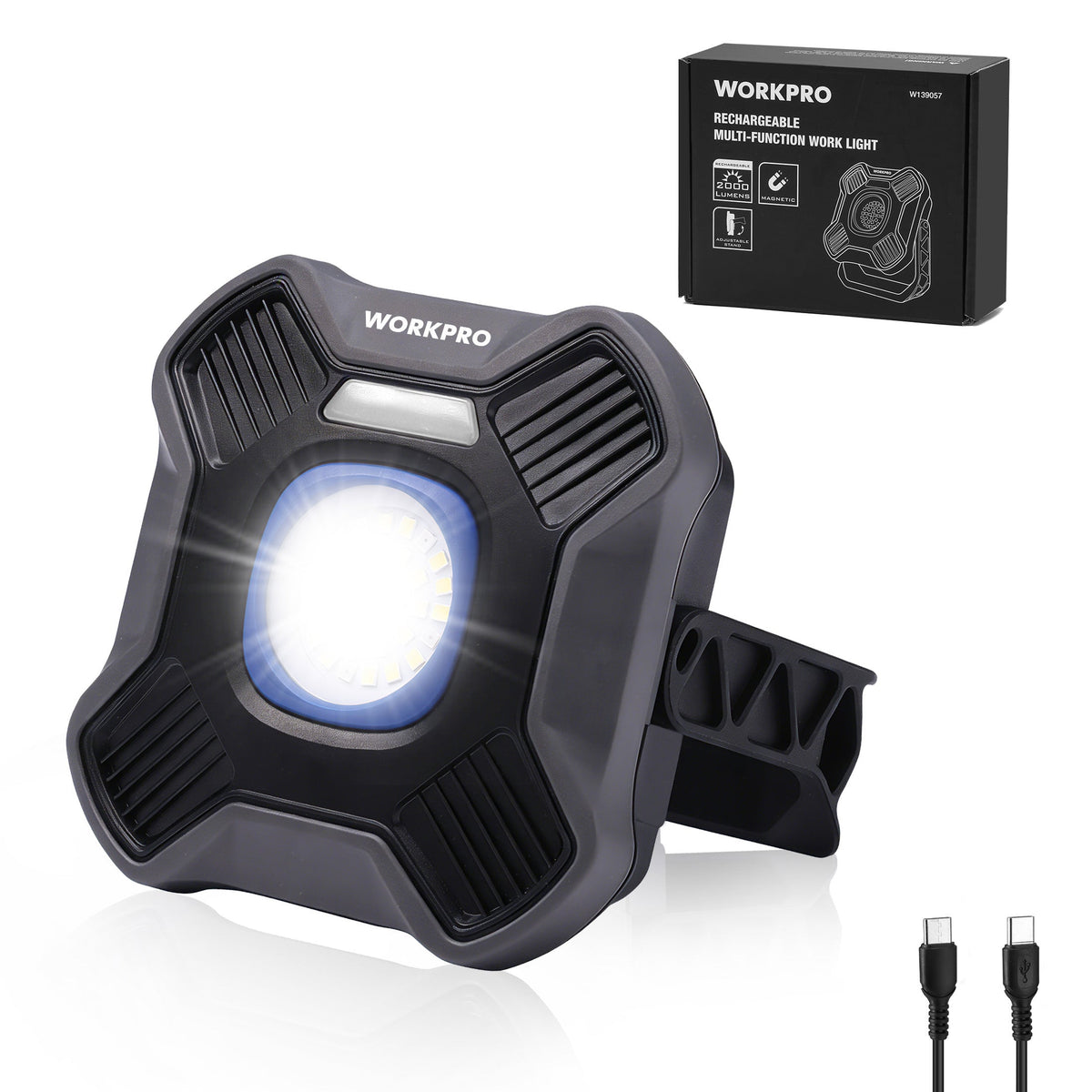 WORKPRO rechargeable LED work light with bright circular LED head, dark gray housing