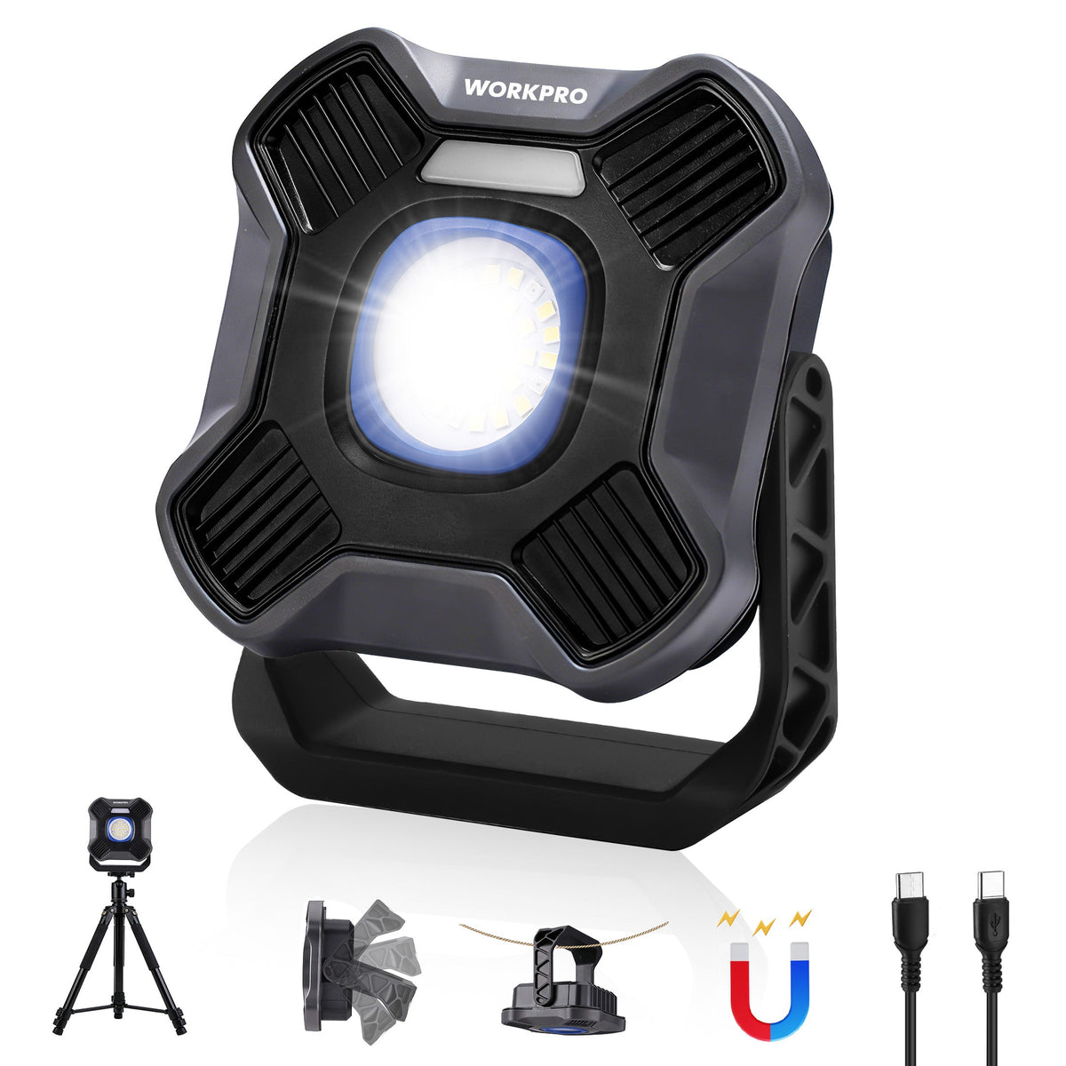 WORKPRO LED work light with mounting accessories, dark gray casing and glowing head