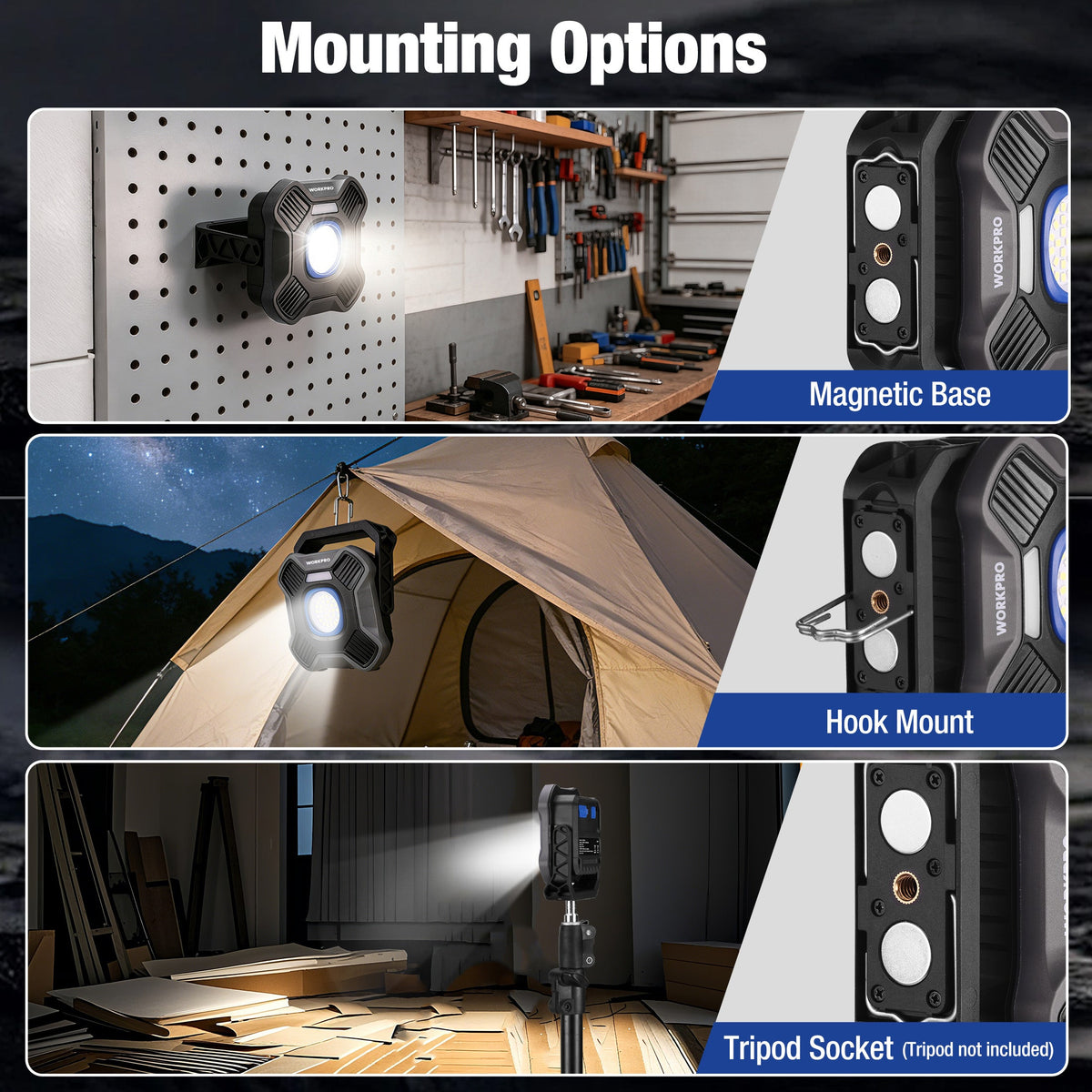 WORKPRO work light with mounting options: magnetic base, hook mount, and tripod socket