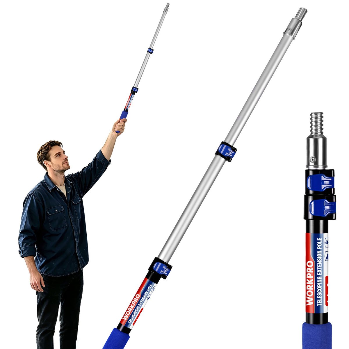 Workpro 3 ft pole for reaching high shelves and ceiling fans, shown with telescoping sections and blue adjustment collars.