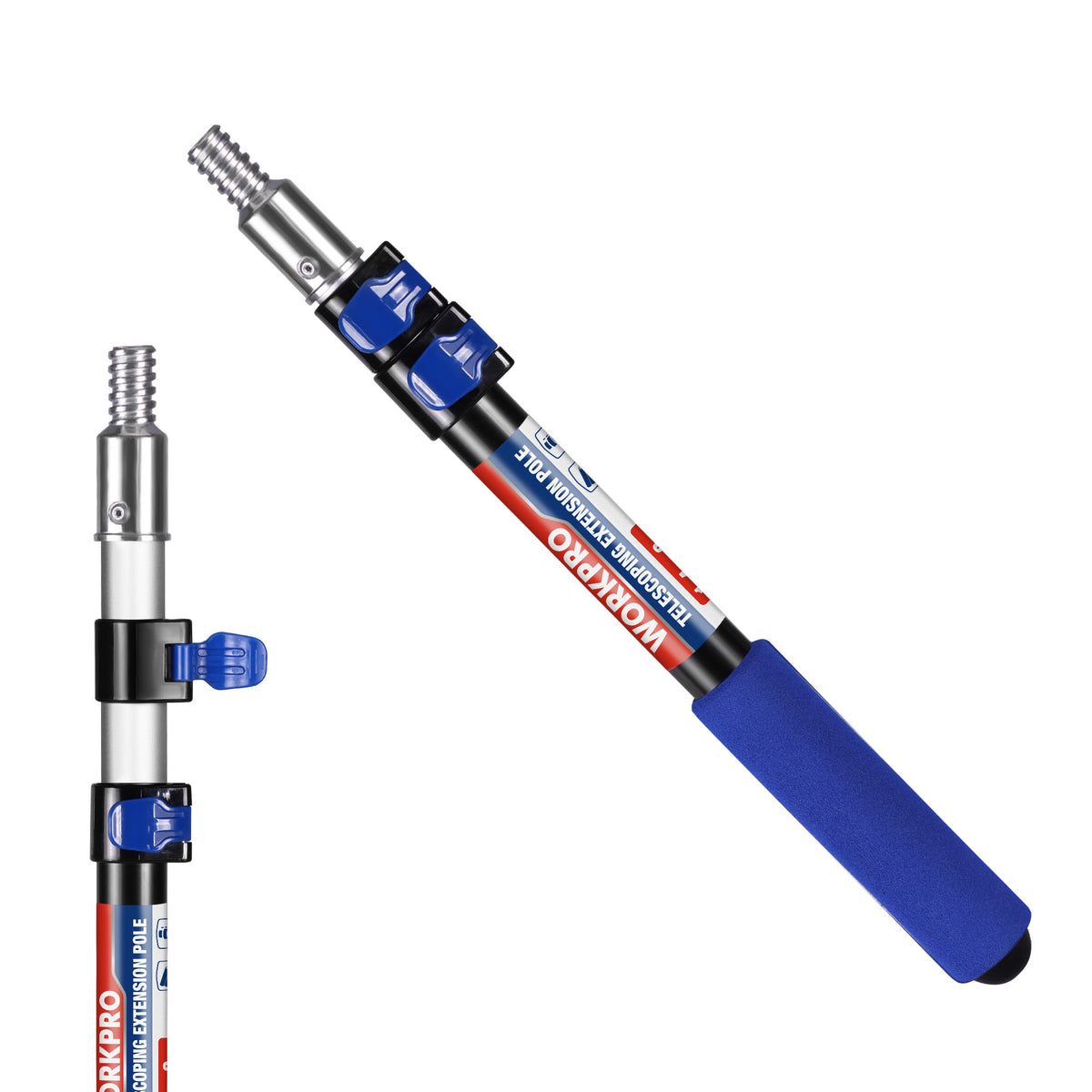 Workpro 3 ft paint roller pole in blue with telescoping sections and secure adjustment collars for high reach.