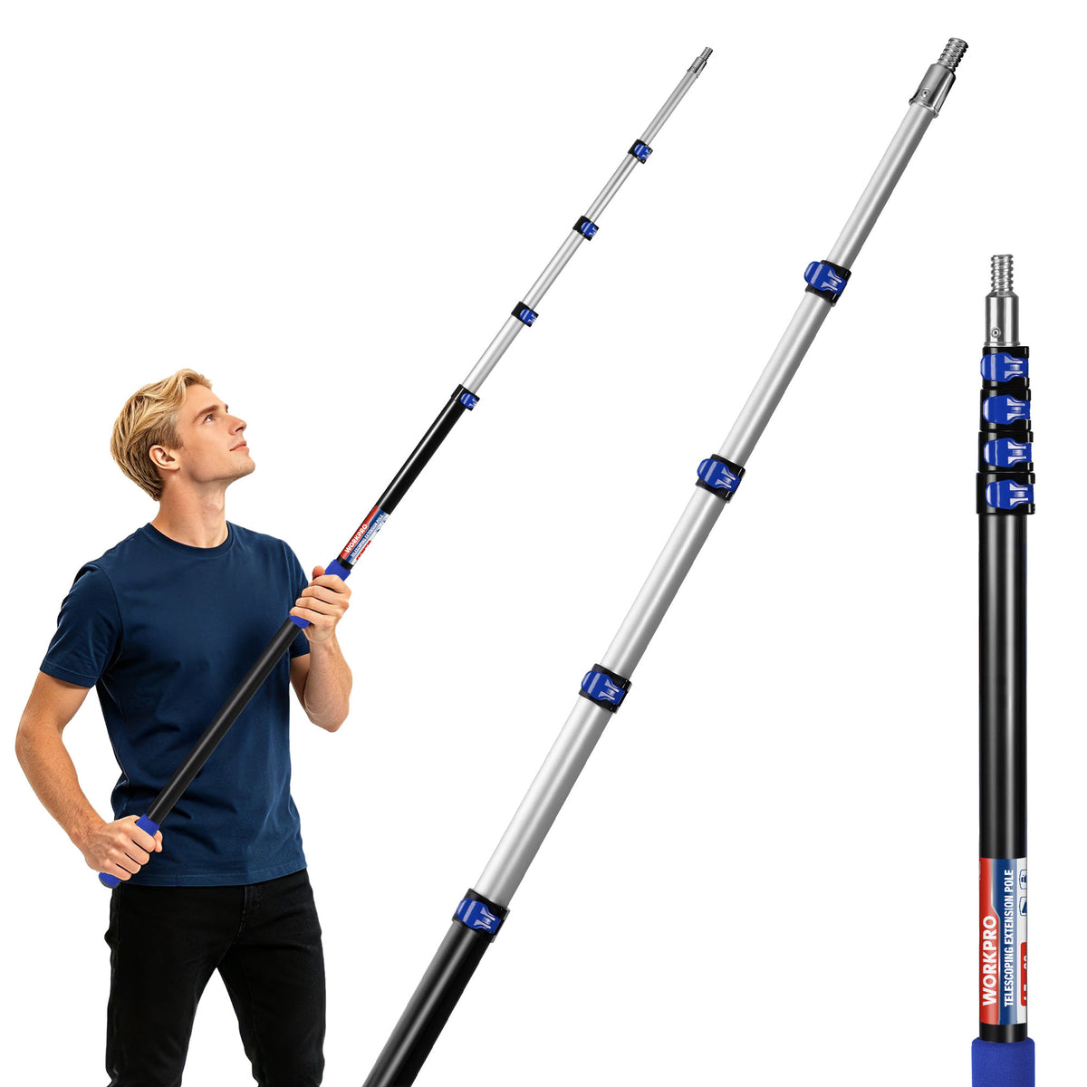 Workpro 20 ft pole in silver and black with non-slip foam grip, shown extended for overhead work