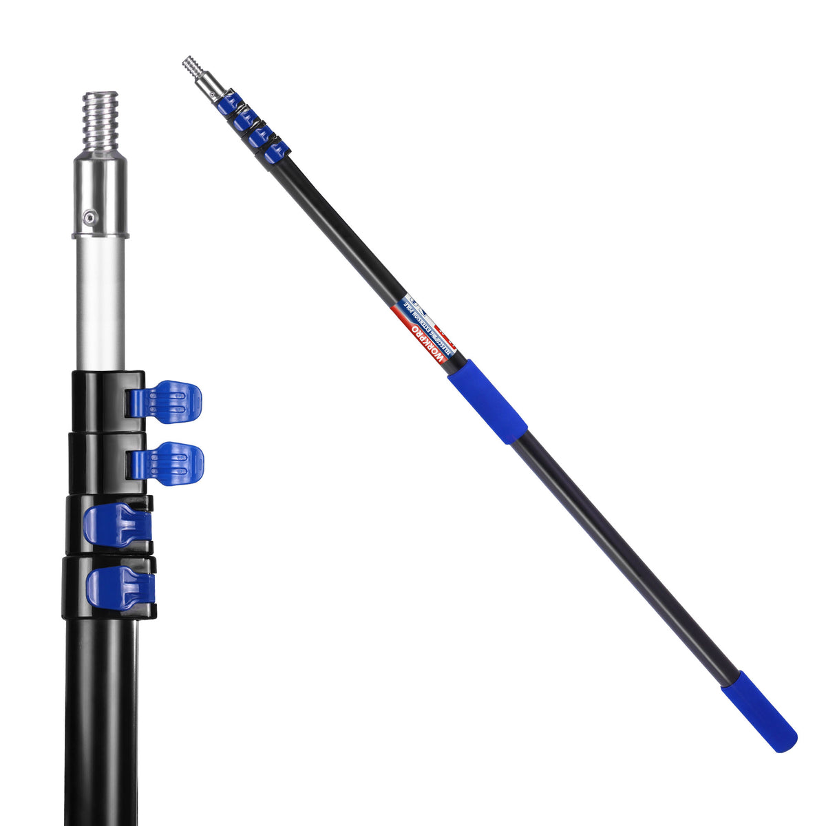 Workpro 20 ft pole in black and blue with non-slip foam grip and blue clamp details, shown diagonally.
