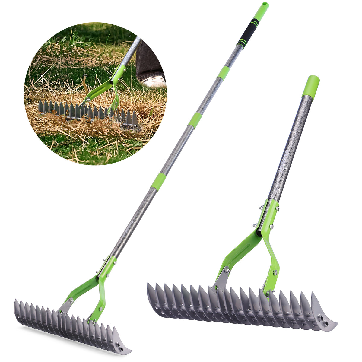 WORKPRO thatch rake with green and silver metal head, innovation quality and durable secure lawn dethatching