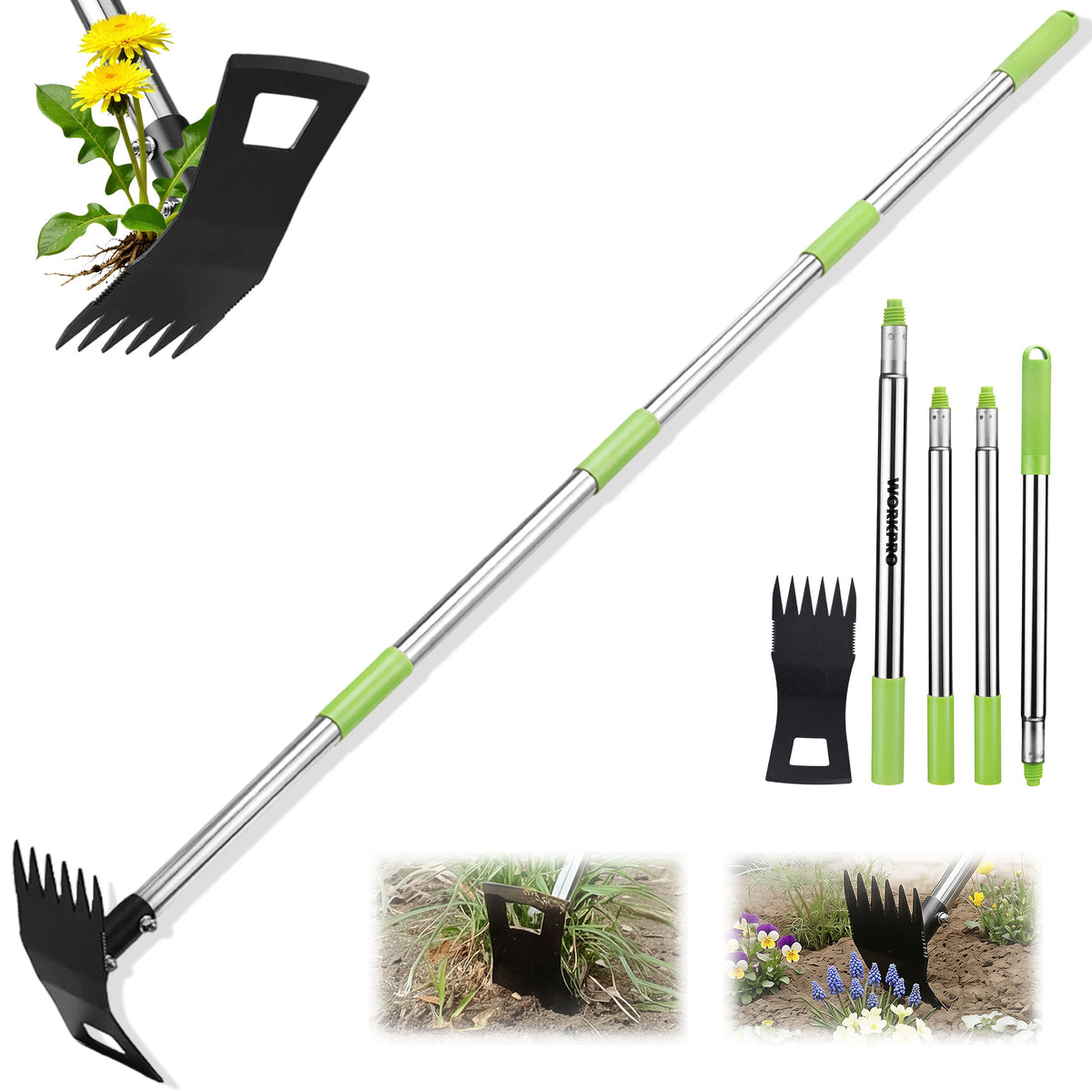 WORKPRO Weed Puller Tool with Long Handle 2-in-1 garden hoe and weed rake, innovation quality and durable secure use