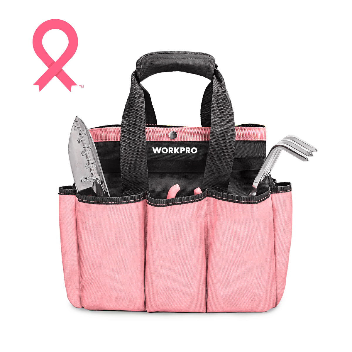 WORKPRO Garden Tool Bag in pink and black with 8 exterior pockets, secure, durable innovation and quality