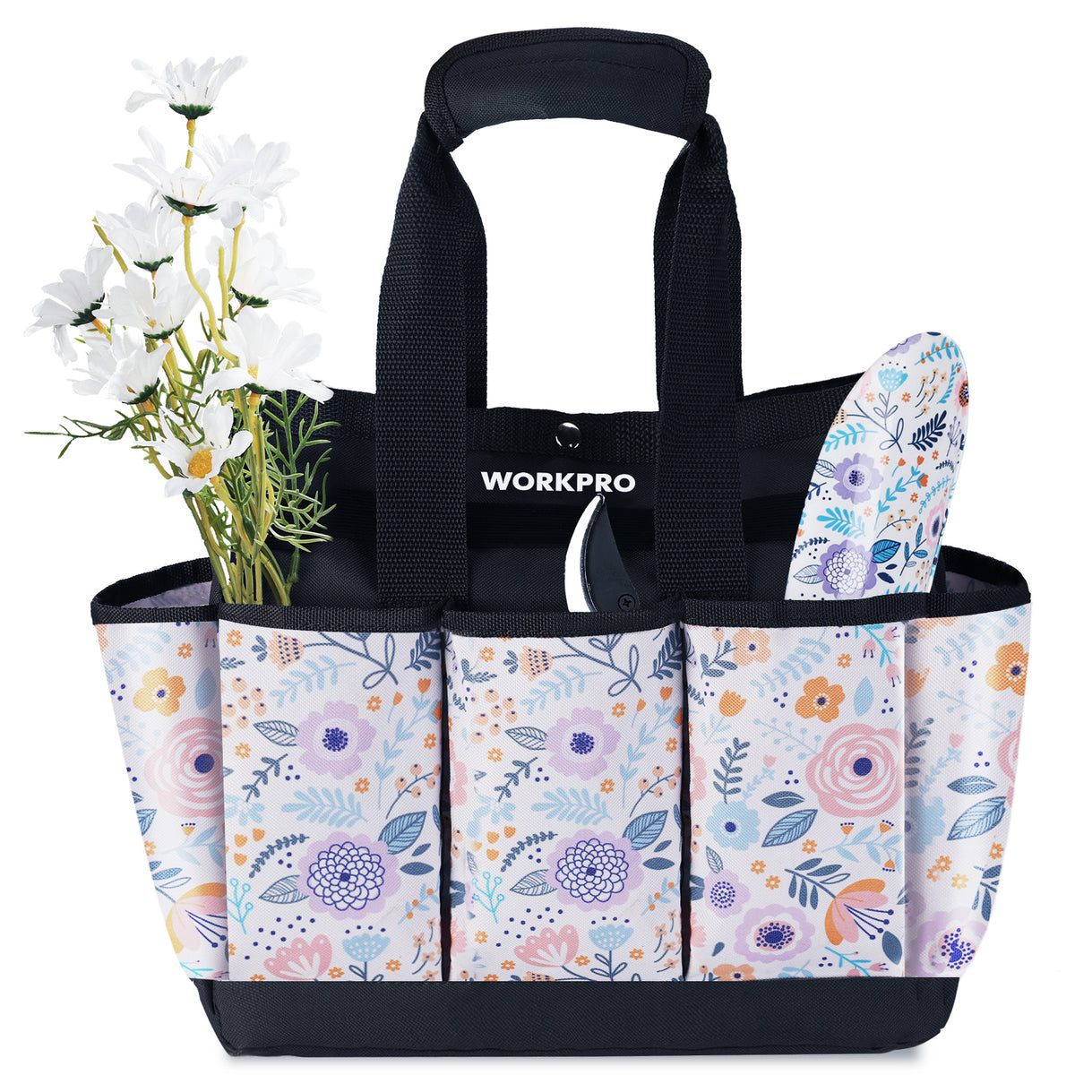 WORKPRO 12 inch x 12 inch x 6 inch garden tool bag with 9 pockets, innovation and secure quality