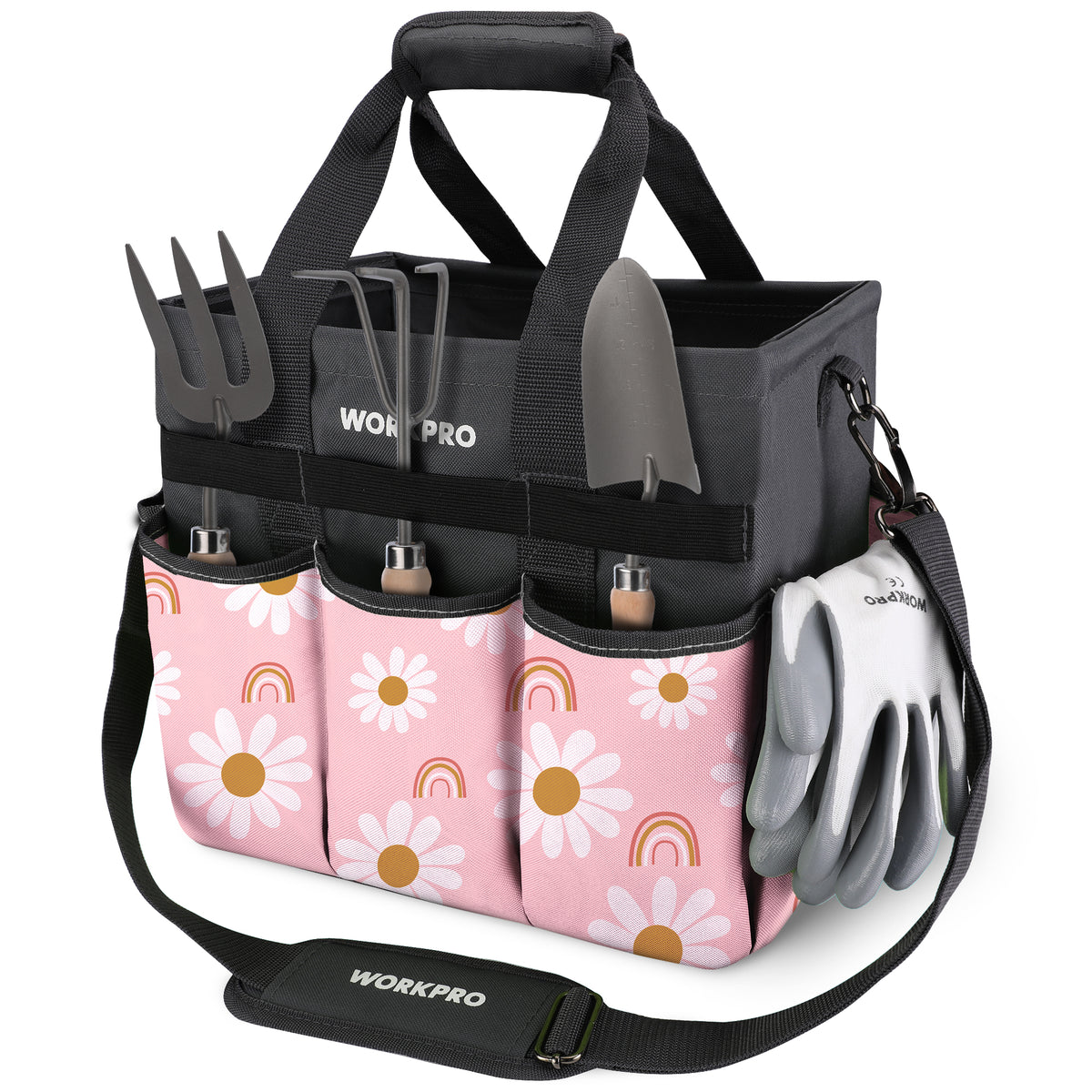 WORKPRO Garden Tool Bag Organizer in pink ribbon floral with heavy-duty fabric, durable and convenient storage