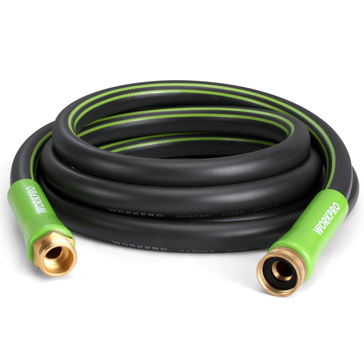 WORKPRO Garden Hose 58 inch x 10 ft in black with green accents, durable quality and secure brass fittings