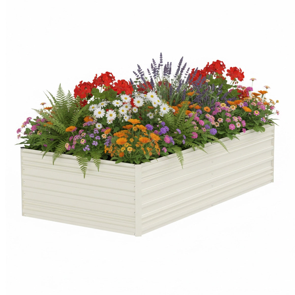 White raised metal garden bed with colorful flowers and green plants