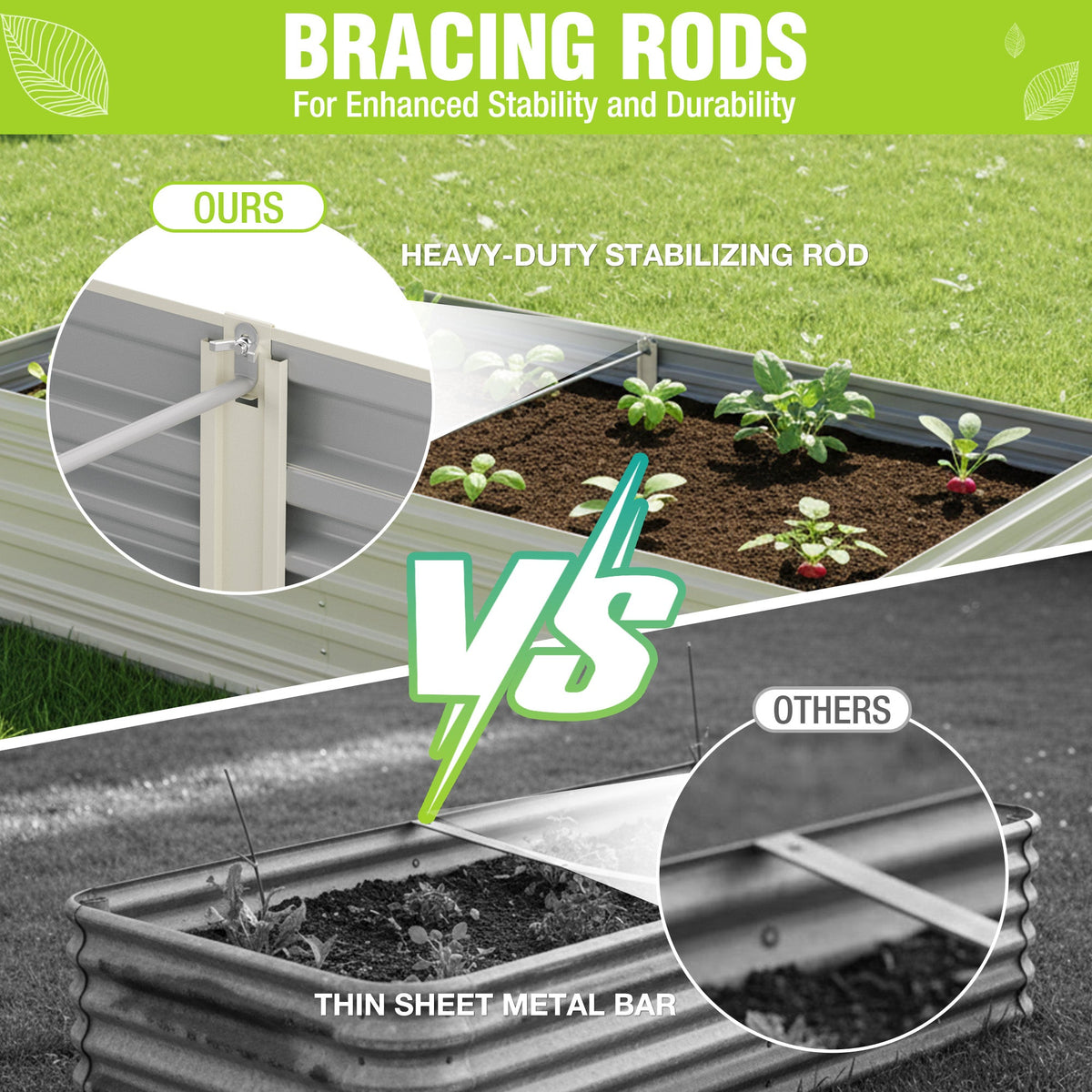 White raised garden bed corner with heavy stabilizing rod bracing detail
