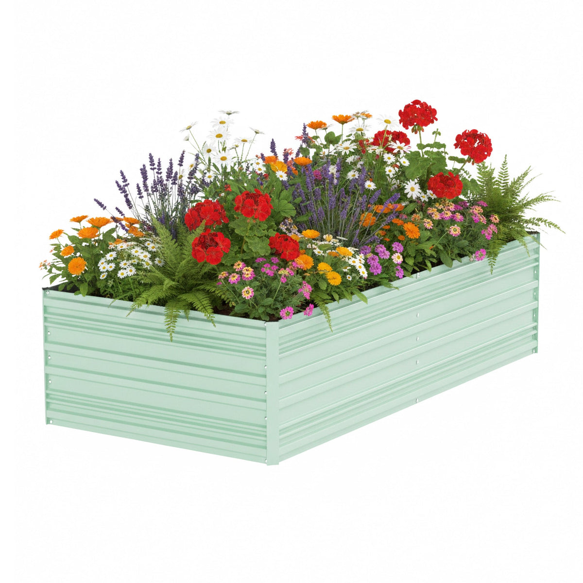 Green galvanized metal raised garden bed filled with colorful flowers and greens