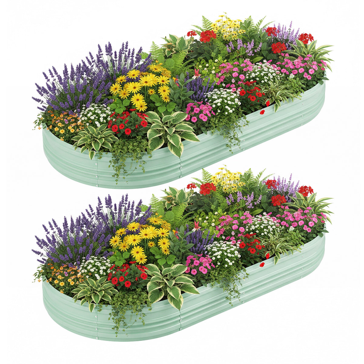 Two mint green raised garden bed planters filled with colorful flowers and herbs.