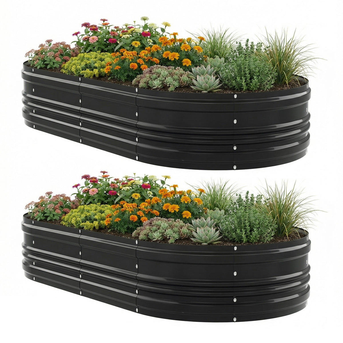 Black raised garden bed planters with colorful flowers and leafy greens