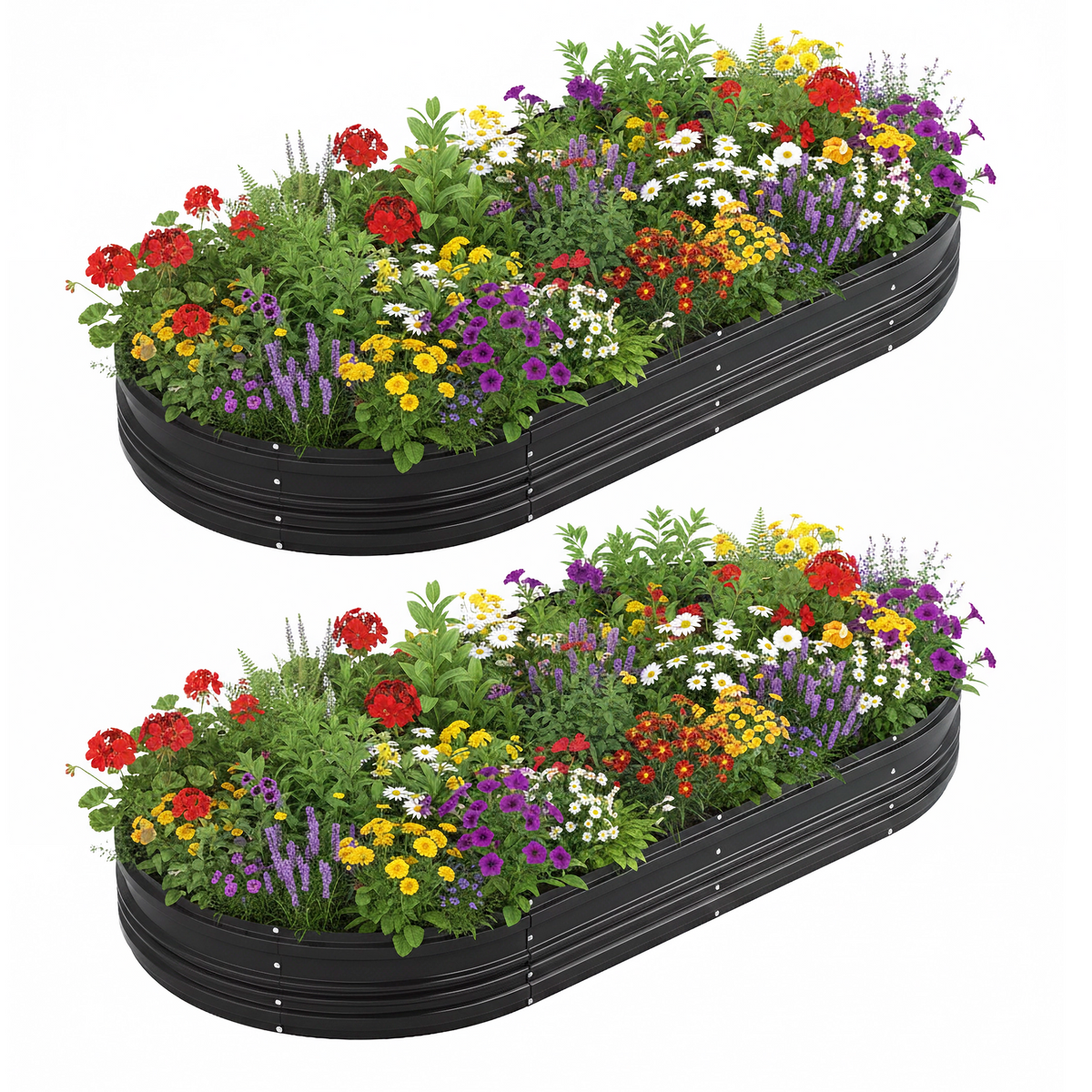 Two-pack black raised garden bed kits, curved oval planters filled with flowers
