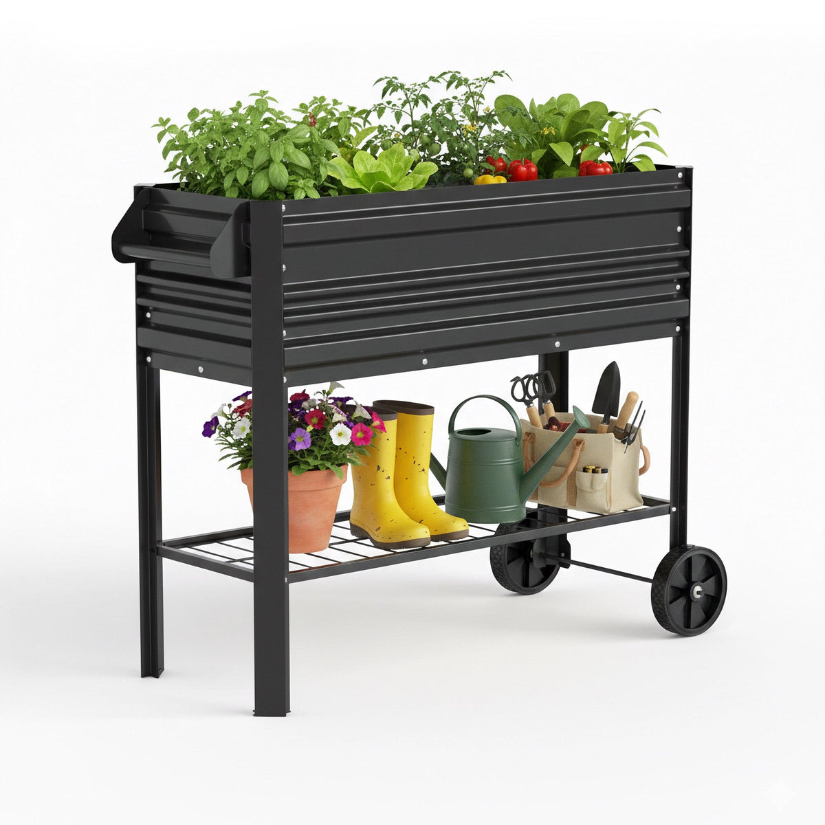 Black raised galvanized garden bed with legs and two front wheels, open top