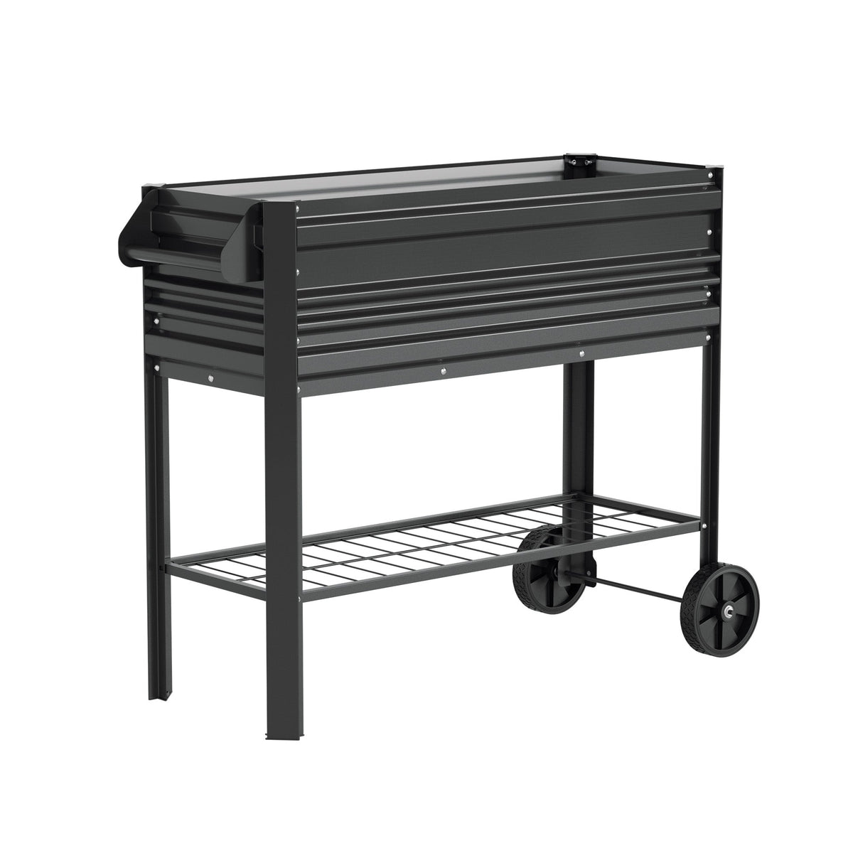 Black raised garden bed with slatted sides, bottom shelf, and four caster wheels