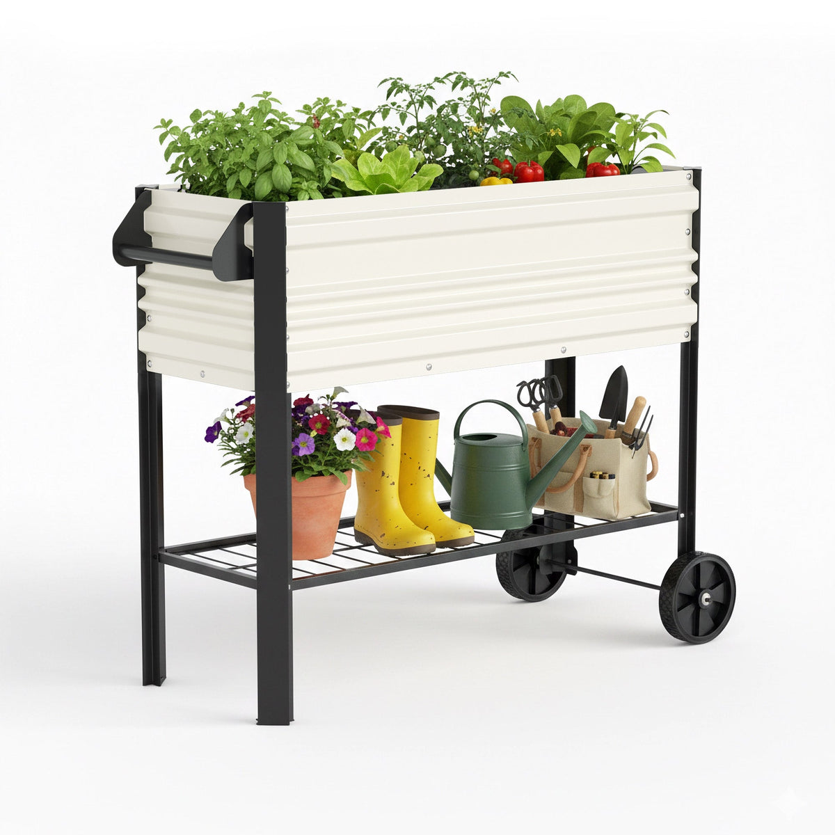 White galvanized raised garden bed with legs and wheels, open front and bottom shelf.