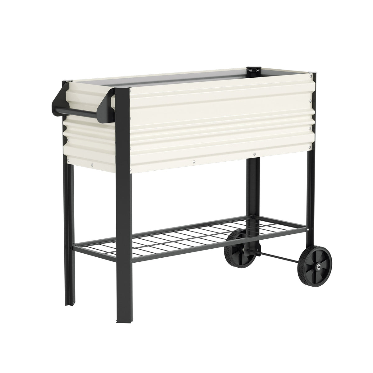 White raised garden bed with black legs and rolling wheels, side view with bottom shelf.