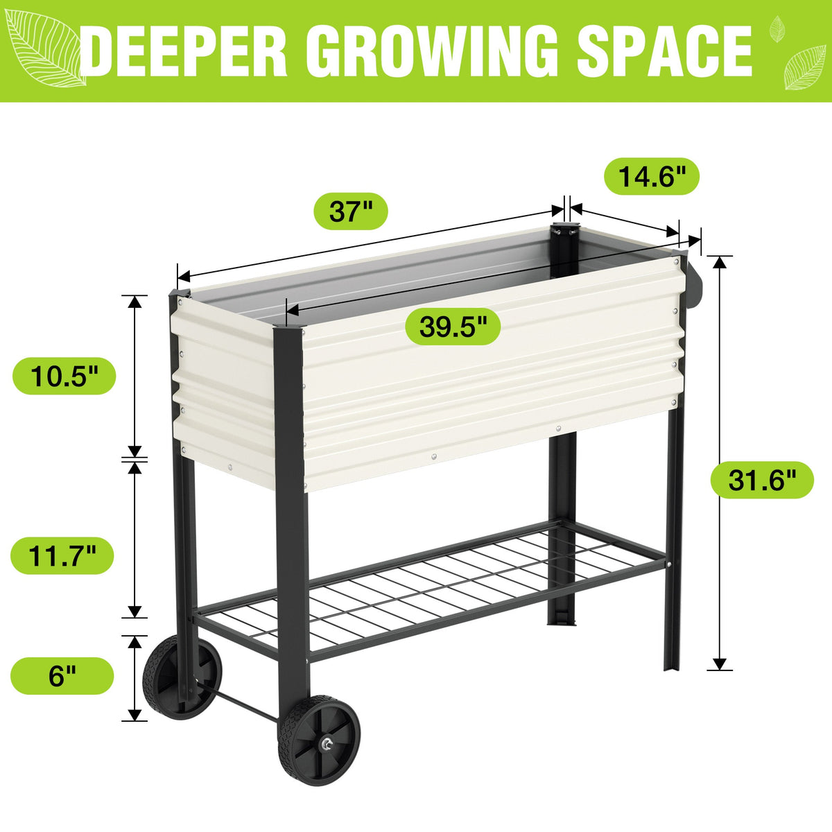 Raised garden bed on wheels with two-tier frame, height and width size diagram.