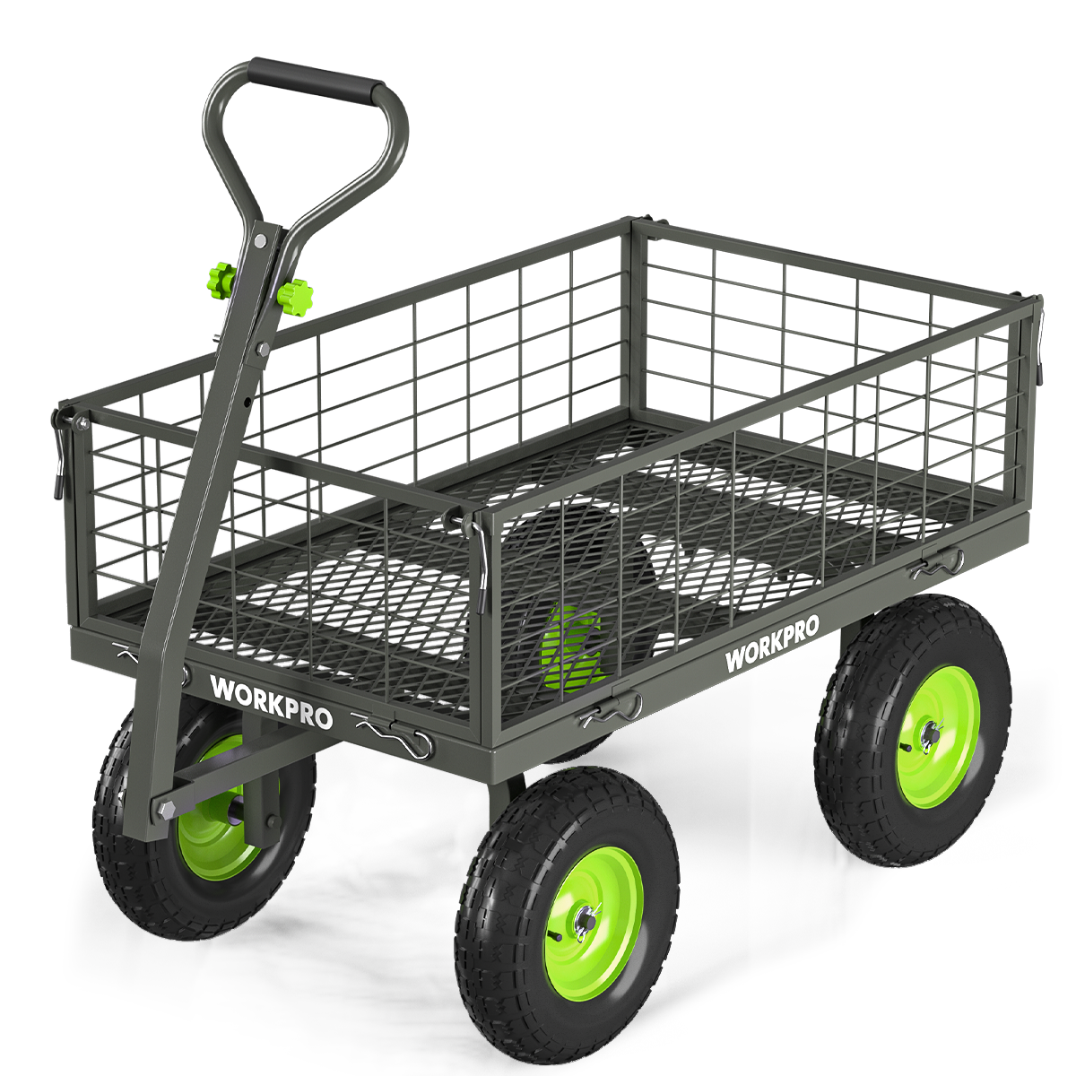 Workpro large heavy duty garden cart in black and green with a reinforced steel frame and durable mesh bed.
