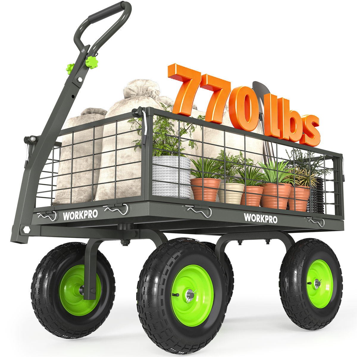Workpro large heavy duty garden cart in black and green with reinforced steel frame and durable mesh bed.