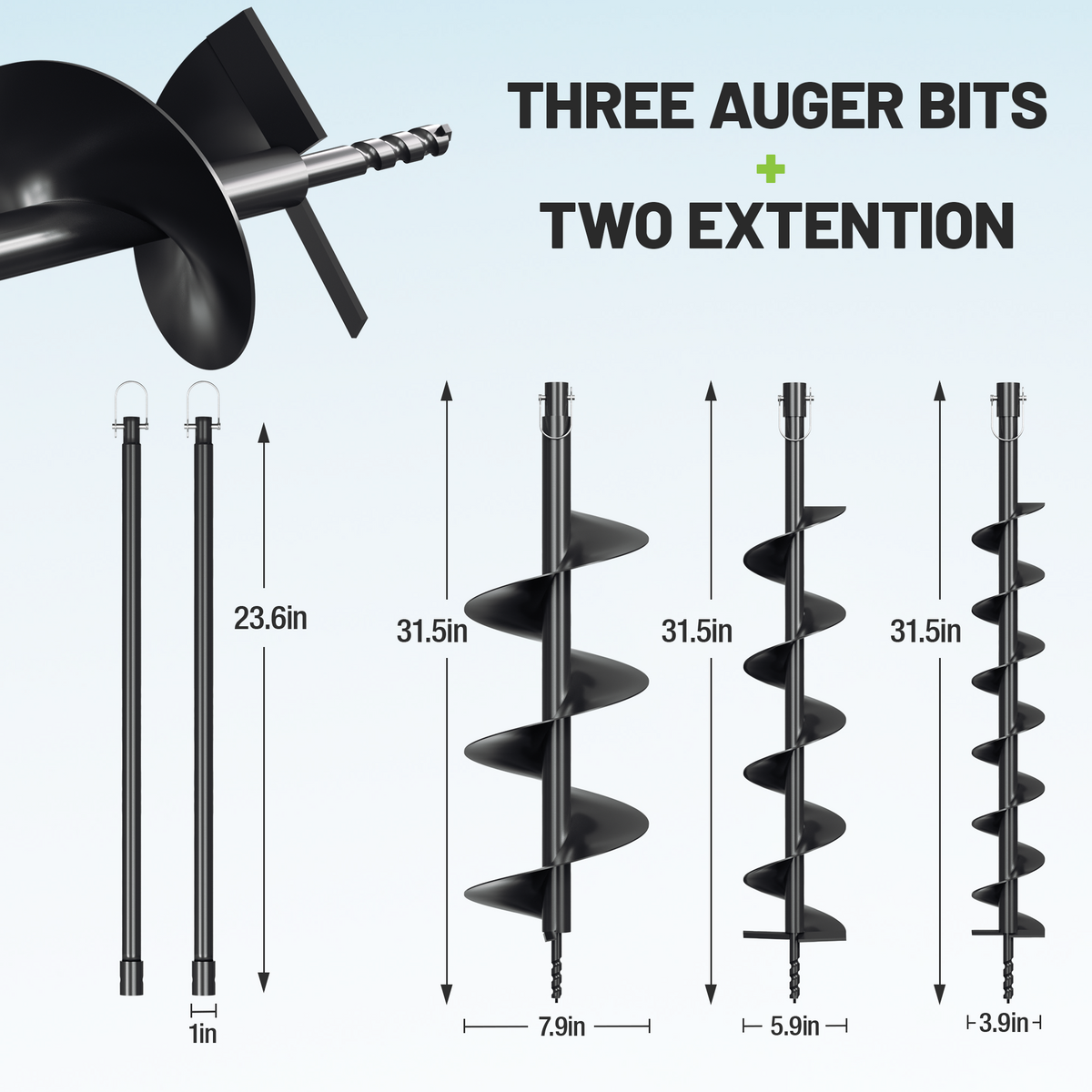 Auger bits with two extension rods and spiral drilling head for earth auger