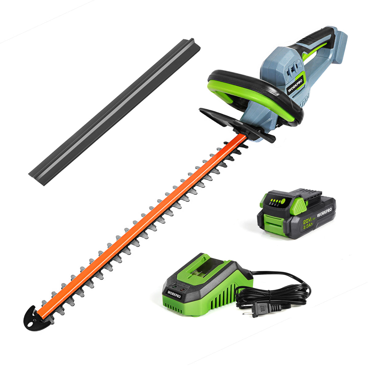 Cordless hedge trimmer kit: orange blade bar, gray/green unit, battery and charger