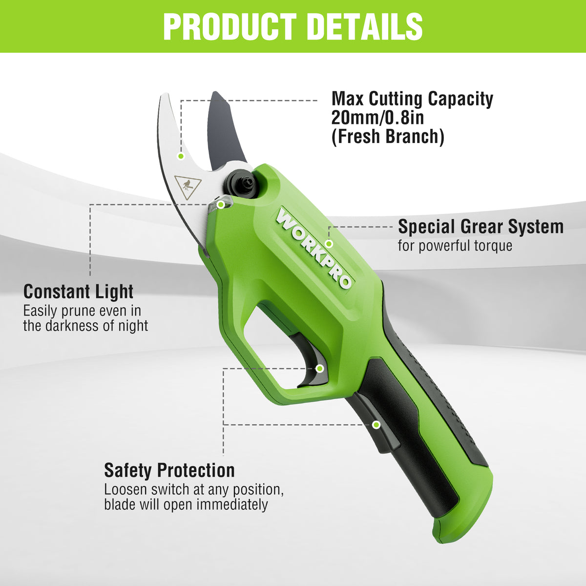 Green cordless pruning shears with blade and ergonomic handle