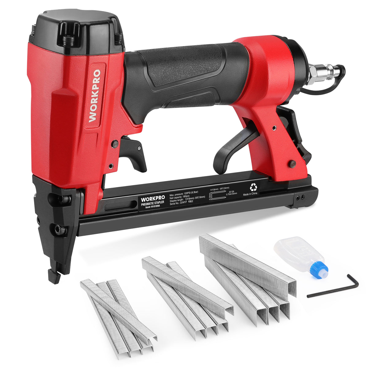 WORKPRO Pneumatic 22 Gauge Staple Gun, 7116 upholstery stapler in red and black with ergonomic soft-grip handle