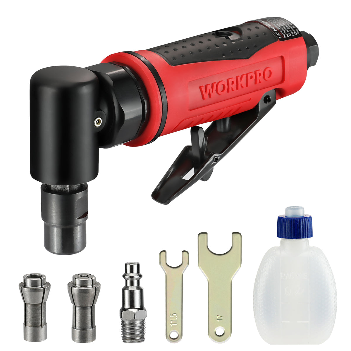 Workpro air angle die grinder in red and black with an integral safety-lock throttle lever for precision grinding.