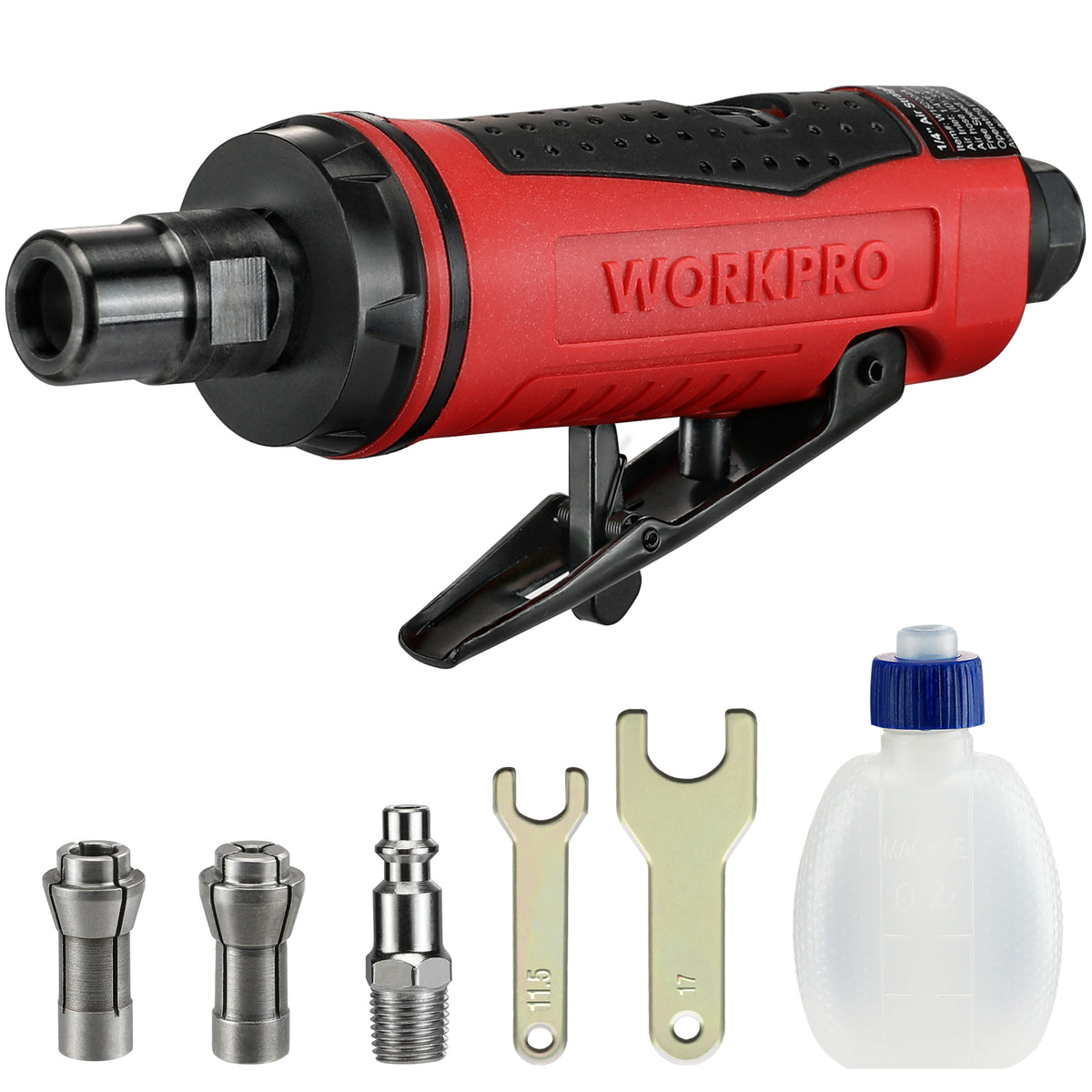 Workpro air die grinder in red and black with two wrenches and an oil bottle for grinding and shaping.