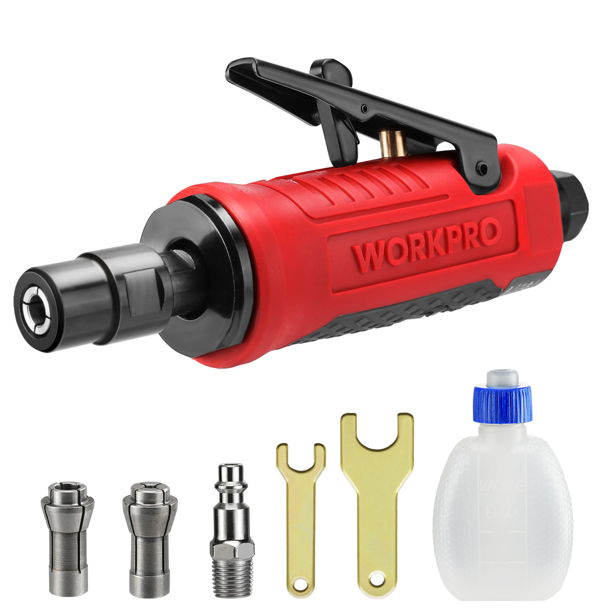 Workpro air die grinder in red with a lightweight body and included wrenches for shaping and sanding