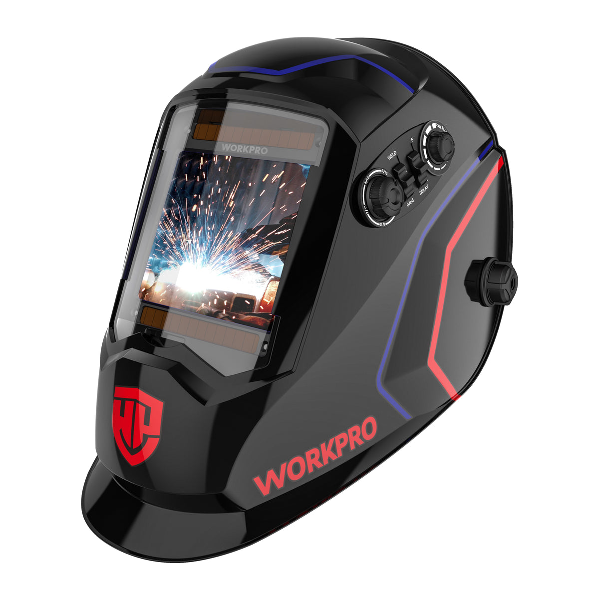 Welding Helmet Shield Large Viewing Welding Mask Hood 4Arc Sensor Welder WORKPRO in matte black with innovation
