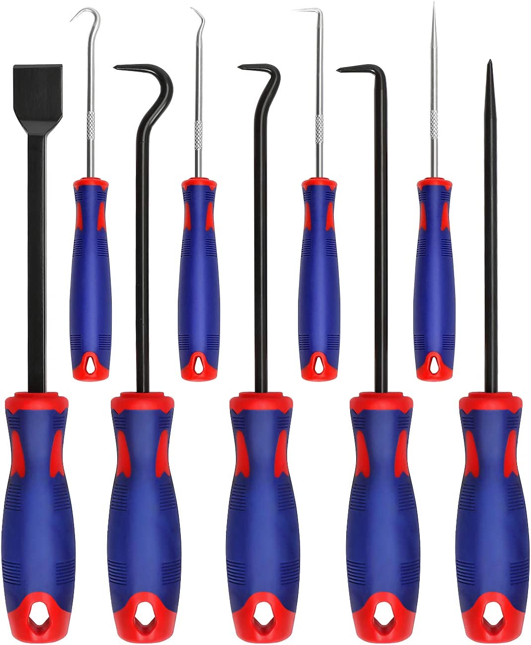 9-piece precision pick and hook set with blue and red non-slip handles