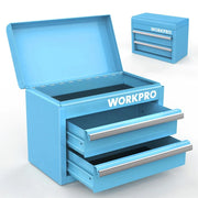 Blue mini metal tool box with open top storage and two drawers, front view
