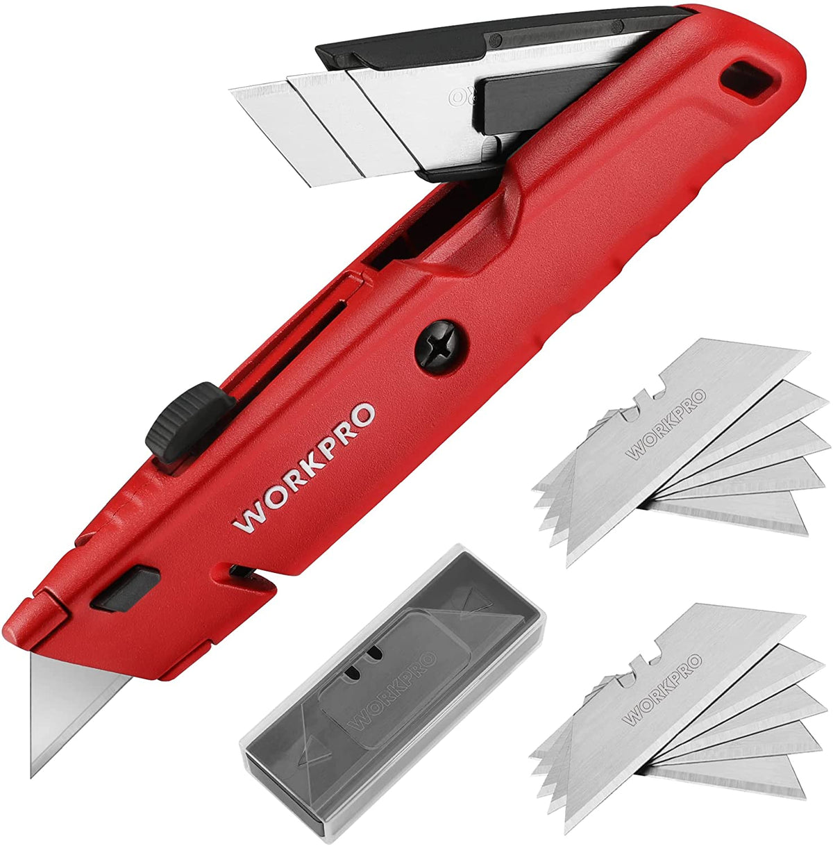 Red retractable box cutter utility knife with exposed metal blades and blade storage tray