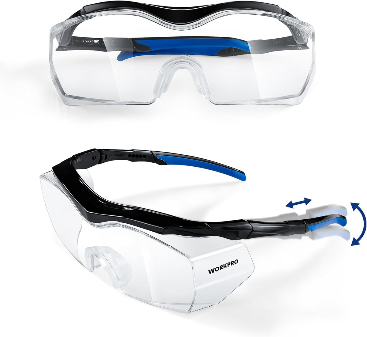 Clear safety goggles with blue-and-black frame, anti-fog lens, adjustable temples